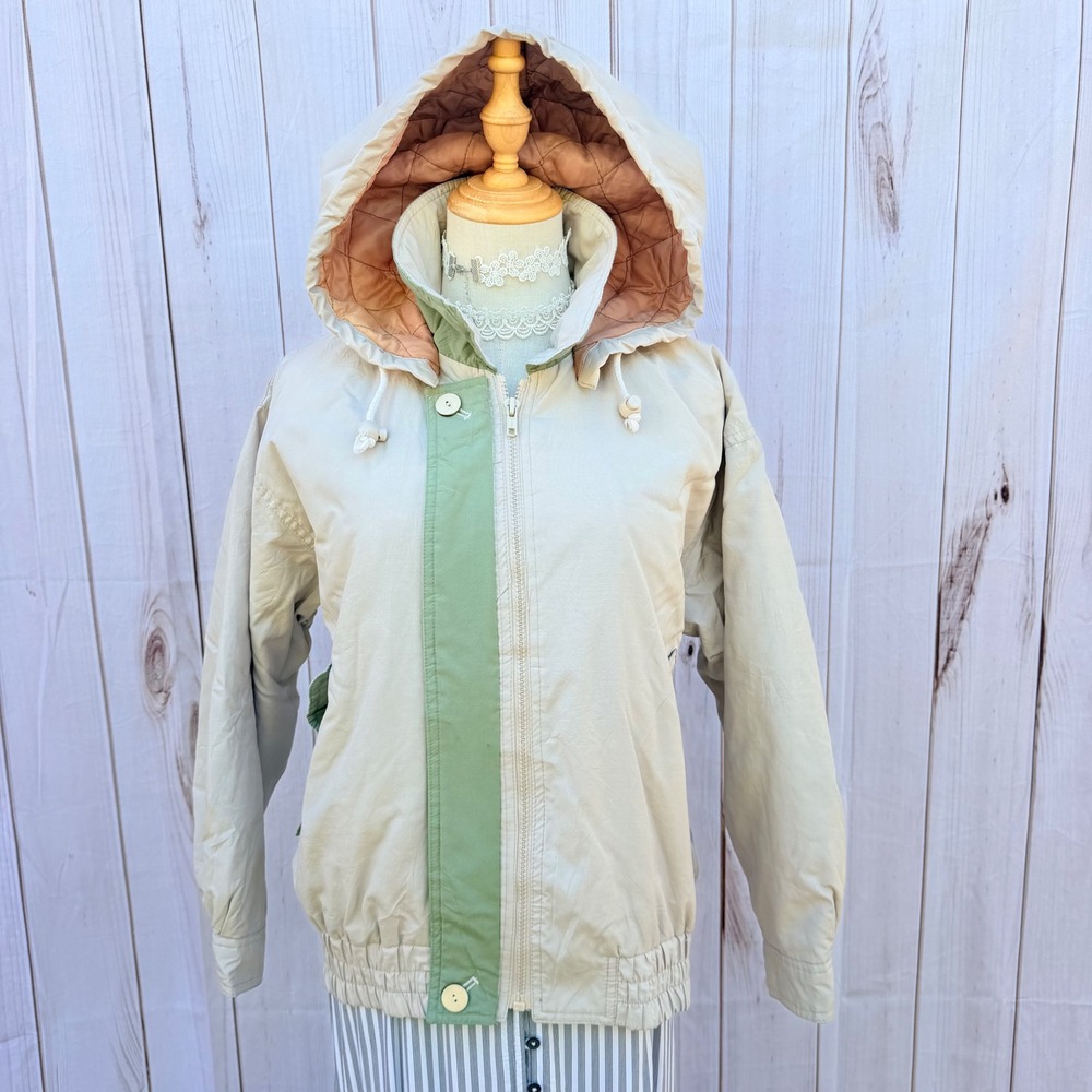 Sunloger‎ Vintage Hooded Bomber Jacket Tan Sage Green Quilted Lining Size M
